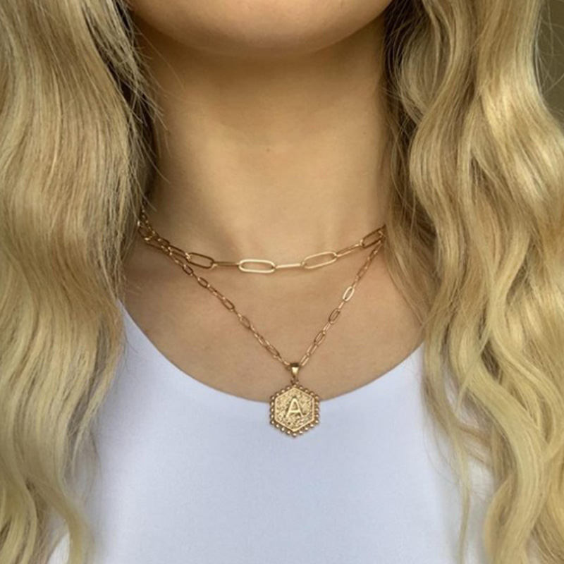 Layered Hexagon Letter Necklaces Paperclip Necklace Set for Women man Collier Chain Choker Initials Pendant Couple Jewelry Gifts