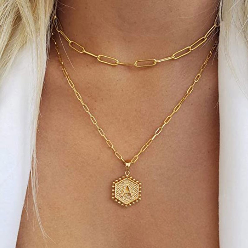 Layered Hexagon Letter Necklaces Paperclip Necklace Set for Women man Collier Chain Choker Initials Pendant Couple Jewelry Gifts