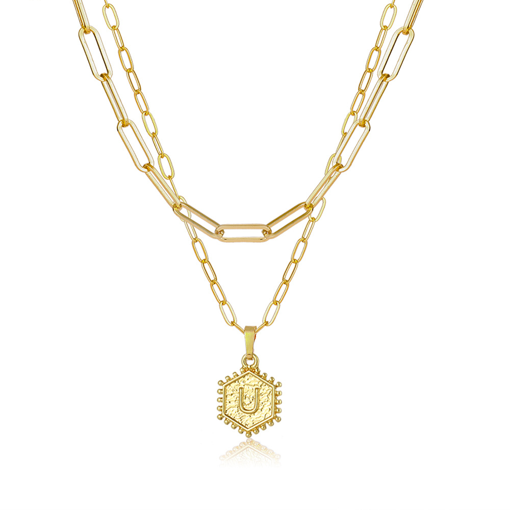 Layered Hexagon Letter Necklaces Paperclip Necklace Set for Women man Collier Chain Choker Initials Pendant Couple Jewelry Gifts