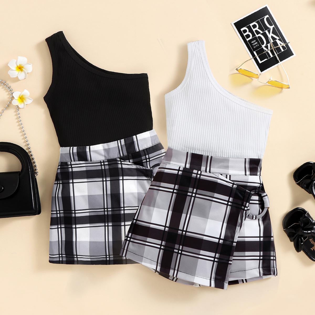 购物车加购品和商详页加购品主商品-Toddler Girls Open Shoulder Plaid Top & Shorts Wholesale