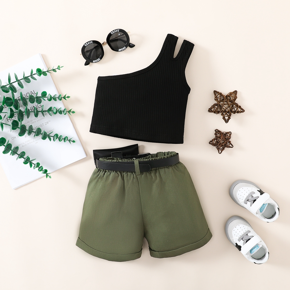 Toddler Girl Fashion Solid Color Asymmetric Tank Top & Shorts & Belt Wholesale