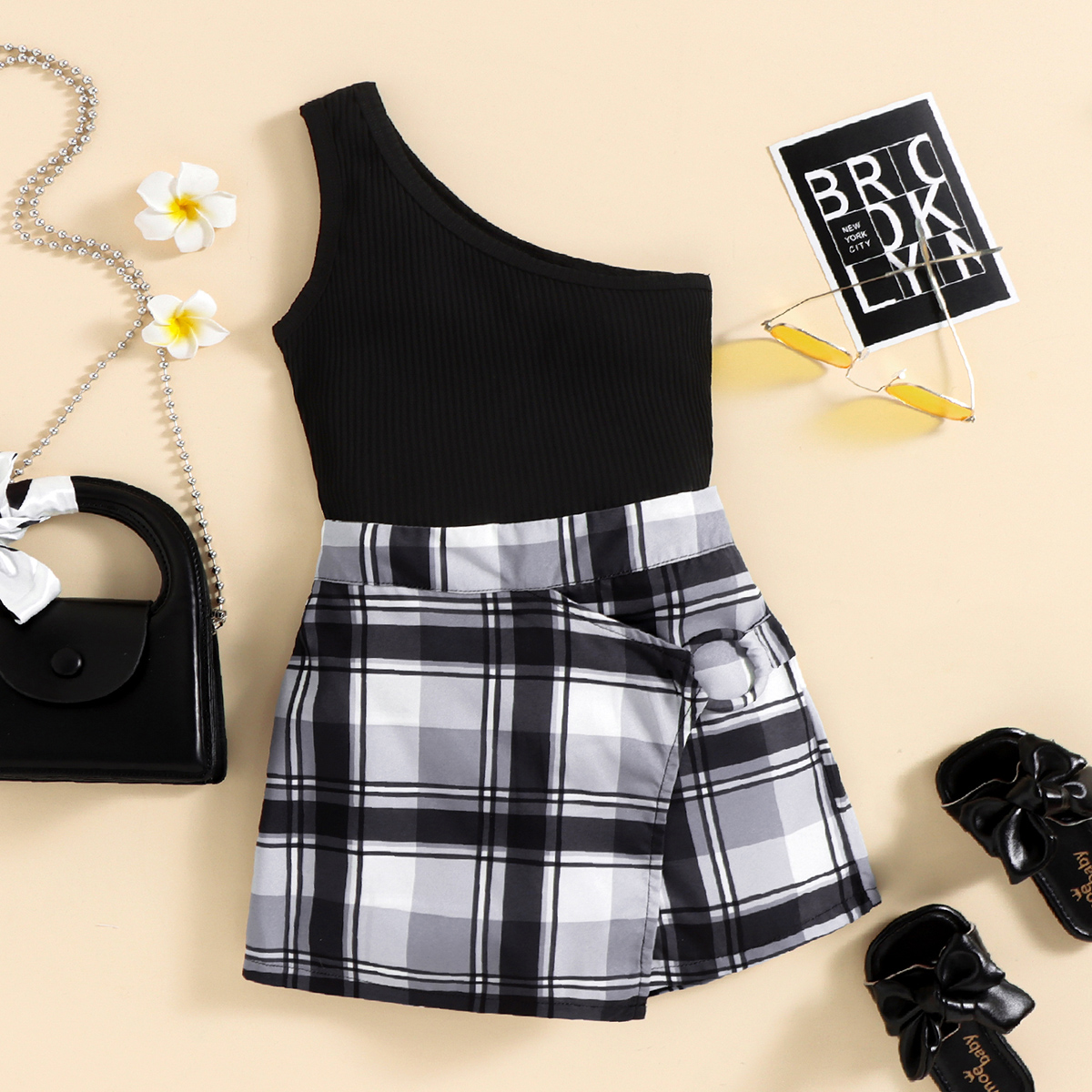 购物车加购品和商详页加购品主商品-Toddler Girls Open Shoulder Plaid Top & Shorts Wholesale