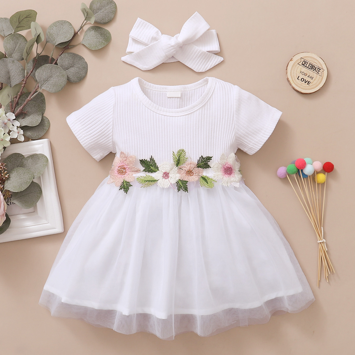 Baby Girl Color-block Floral Lace Decor Mesh Dress & Headband Wholesale