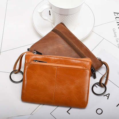 Retro zipper short cowhide small change card holder mySite