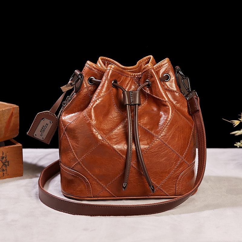 Retro Fashion Shoulder Slung Large Capacity Cable Embroidered Plaid Bucket mySite