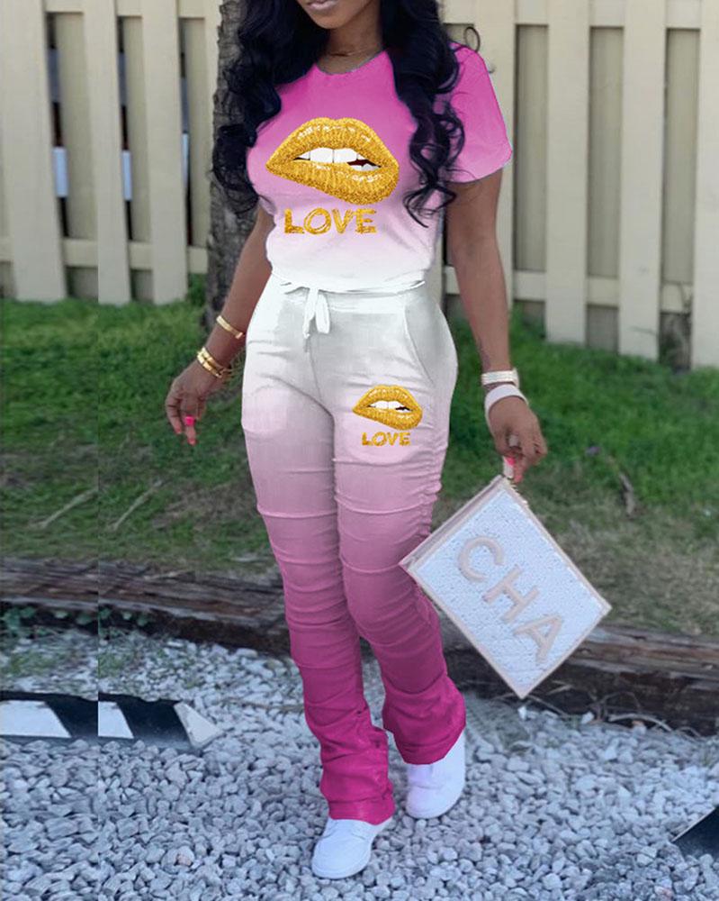 T-SHIRT Casual Short Sleeve O Neck Regular sleeve Regular Gradual change Lips Printed Two Pieces