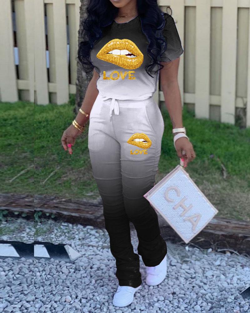 T-SHIRT Casual Short Sleeve O Neck Regular sleeve Regular Gradual change Lips Printed Two Pieces