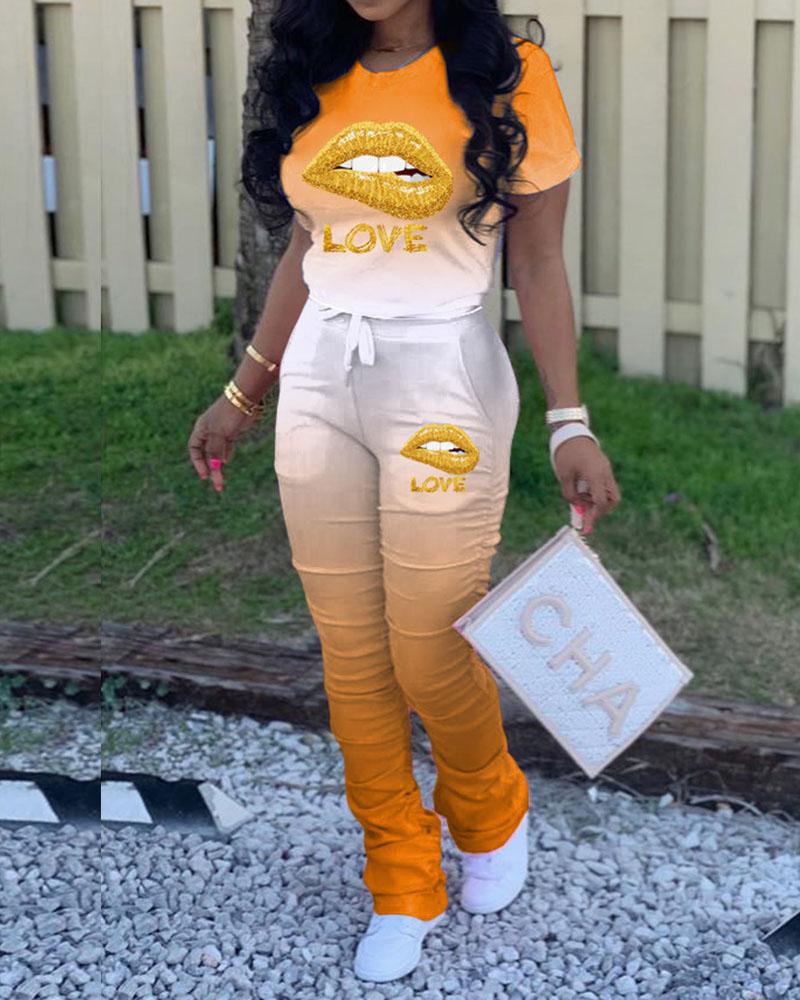 T-SHIRT Casual Short Sleeve O Neck Regular sleeve Regular Gradual change Lips Printed Two Pieces
