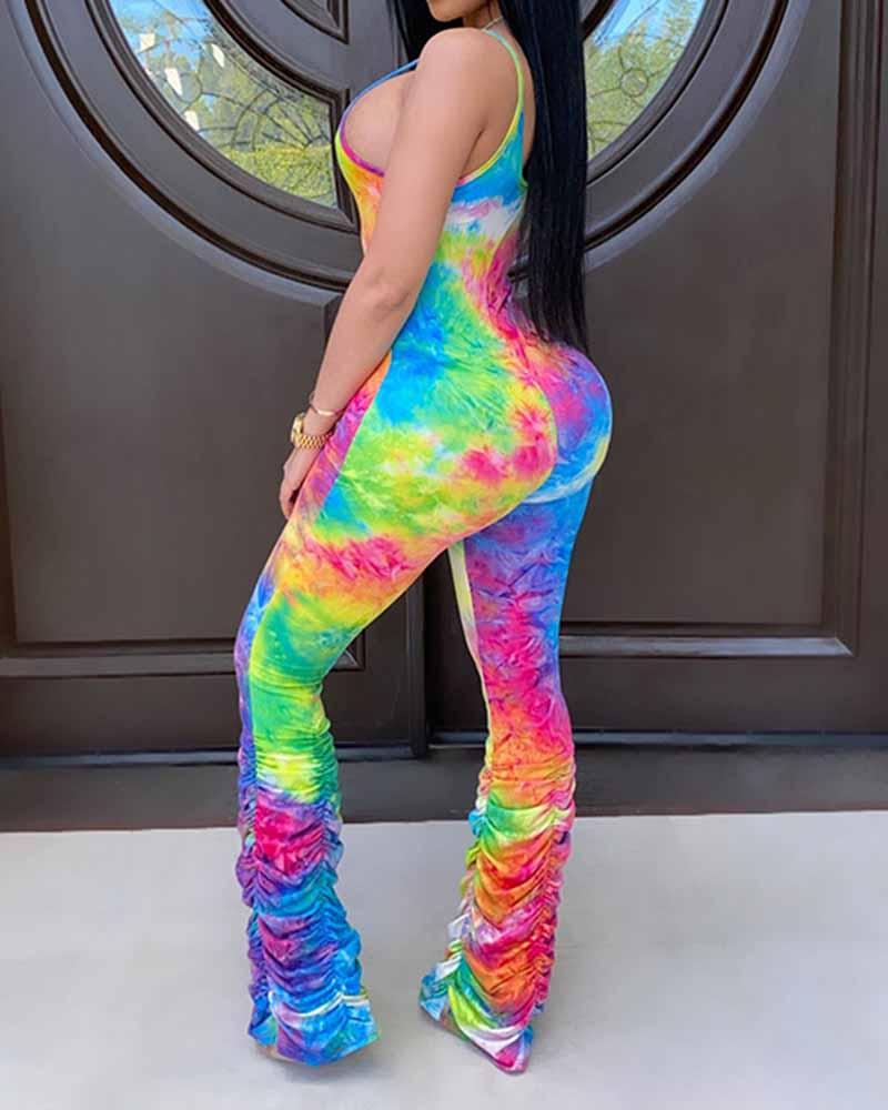 Sleeveless Tie Dye Spaghetti Strap Bodycon Jumpsuit测试