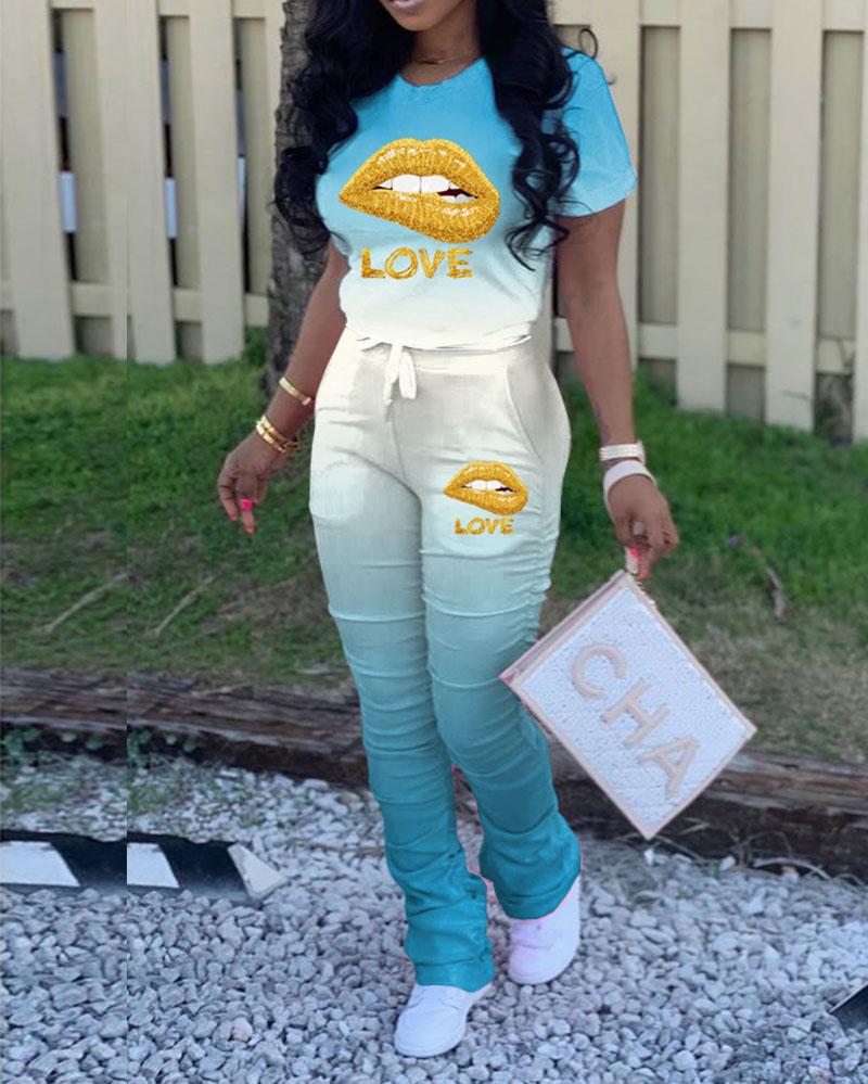 T-SHIRT Casual Short Sleeve O Neck Regular sleeve Regular Gradual change Lips Printed Two Pieces