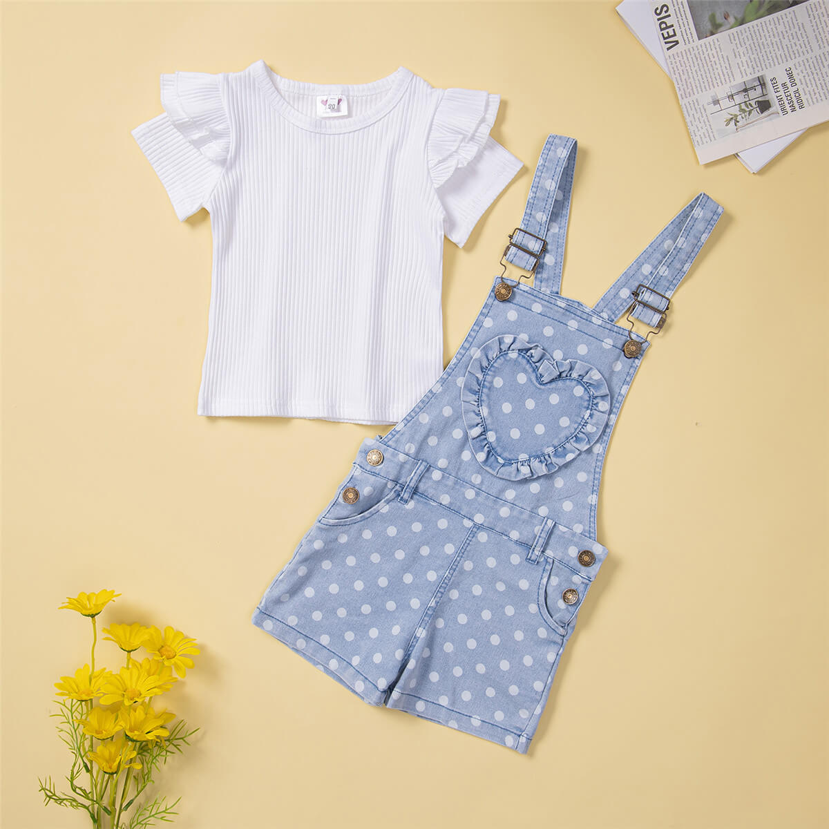 function1-Toddler Girl Polka dot Solid Heart-shaped Top & Overalls Wholesale