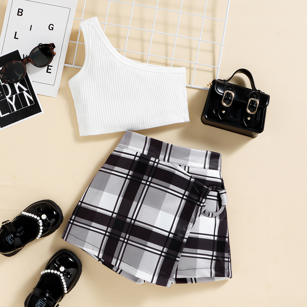 购物车加购品和商详页加购品主商品-Toddler Girls Open Shoulder Plaid Top & Shorts Wholesale